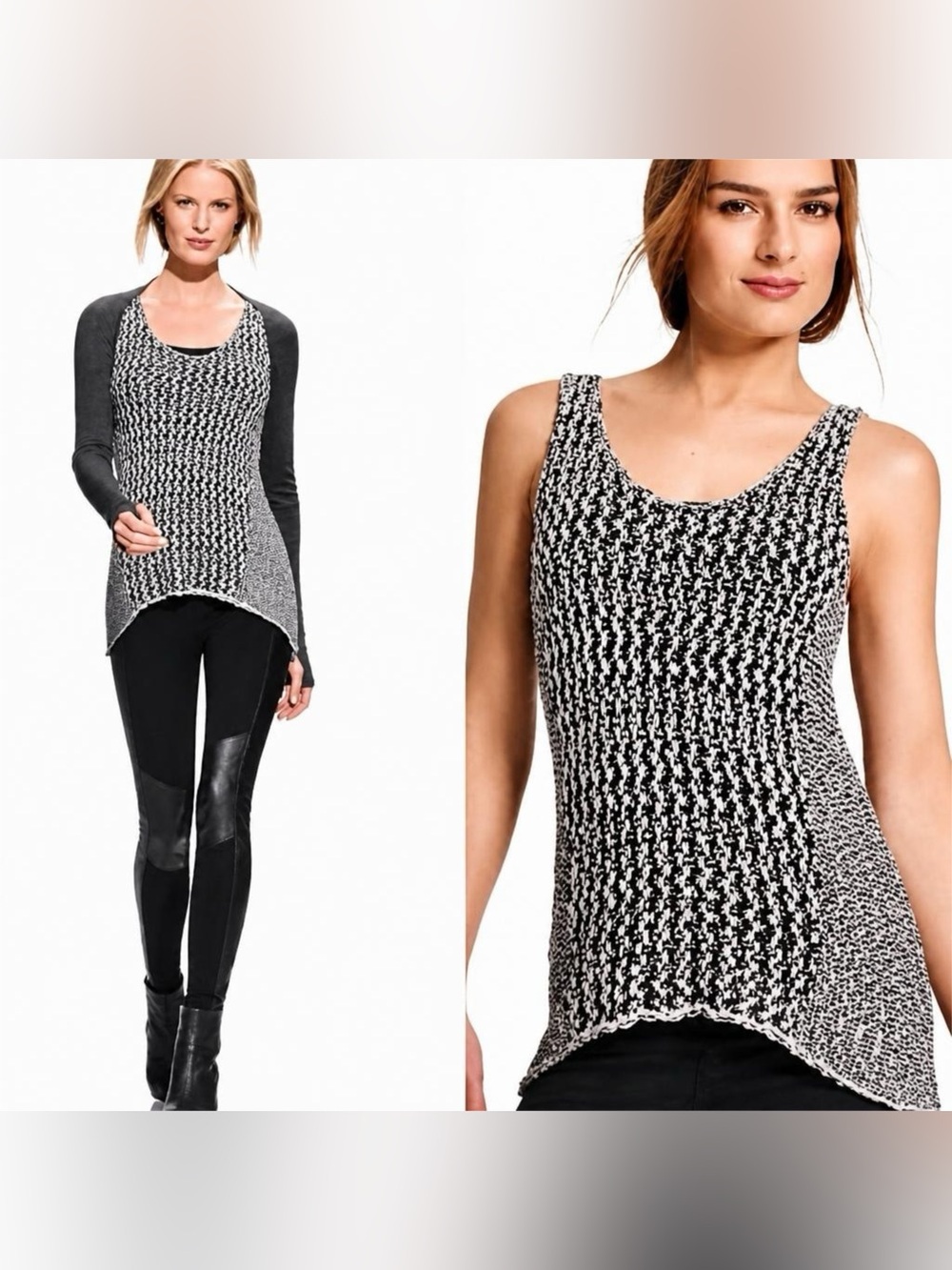 CAbi Black & White Chunky Yarn Knit Tank Asymmetric Hem Alt Boho Vibes